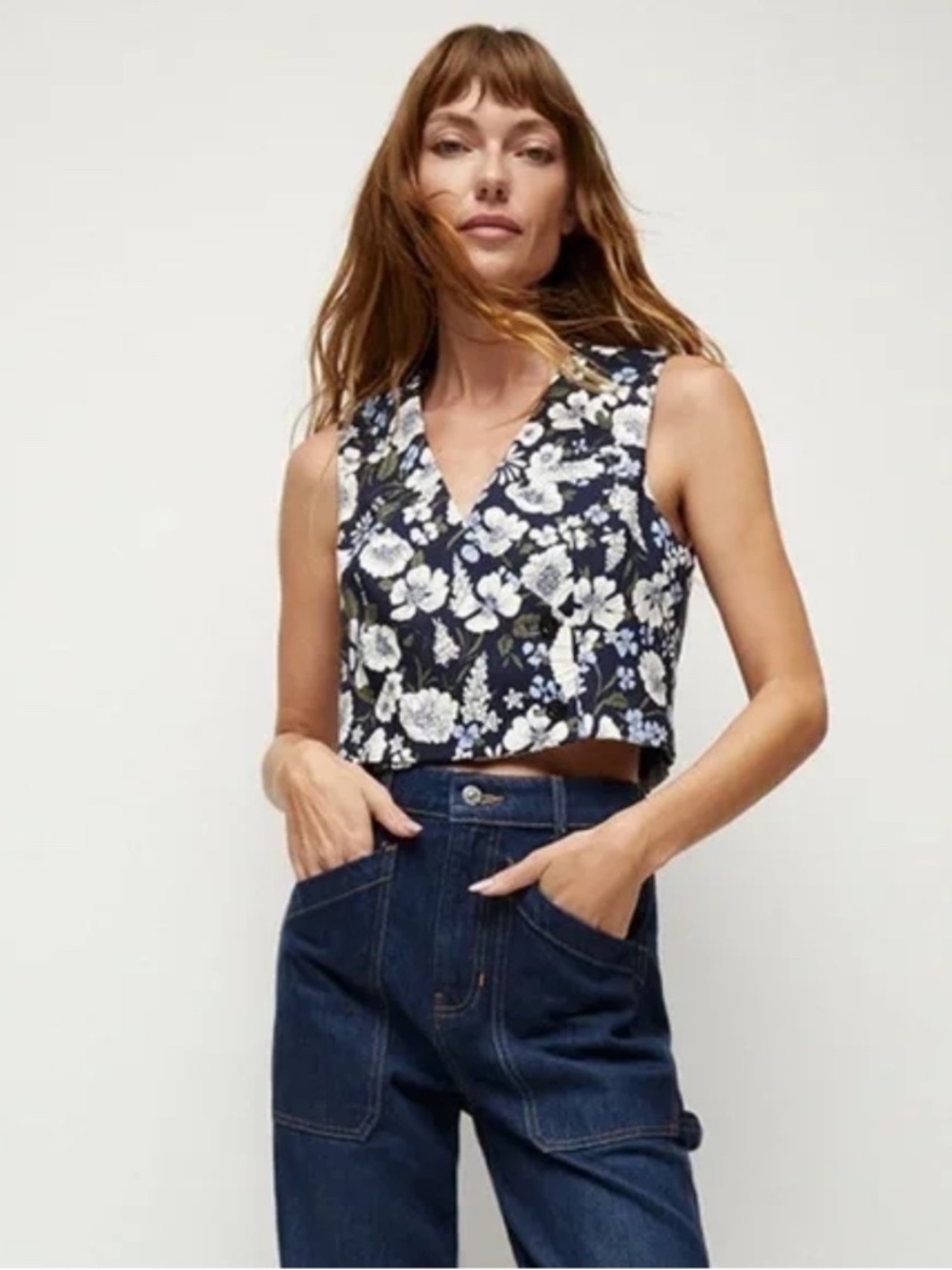 VERONICA BEARD Brinkley Vest Top In Line Floral Navy
